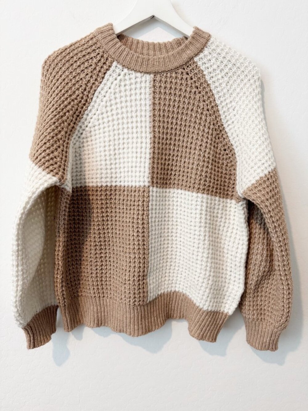 Mango Checkered Colorblock Knit Sweater Relaxed Fit Slouchy Boho Neutral Medium